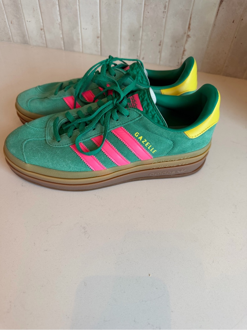 adidas Gazelle Platform Sneakers in Green with Pink Stripes and Yellow Heel